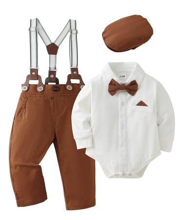 SANMIO Baby Boy Clothes 4pcs Gentlemen Romper Outfits + Suspender Pants + Beret Hat + Bowtie Wedding Christening Formal Suit 3-24 Months 12-18 Months White