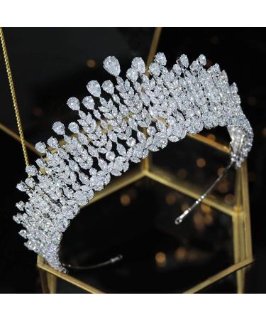Aoligrace Wedding Tall Cubic Zirconia Tiaras Queen CZ Pageant Crowns Birthday Headpiece Quinceanera Hair Accessories Gifts for Women Silver HG0176 A-Silver