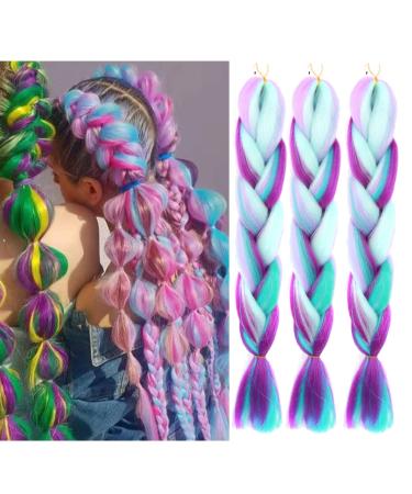 Jumbo Braiding Hair Fiber Mix Four Silky Colorful Twist Braiding Hair 3pcs Rainbow Colors Extensions Kanekalon Synthetic Hair Blue-Light Purple-Pink Synthetic Fiber Soft Healthy (24 Inch 3pcs) colorful ps17