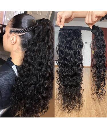 Magic Paste Ponytail Extensions Human Hair for Black Women Curly Wrap Around Black Ponytail Water Wave Ponytail Hairpiece Magic Paste Black Ponytail 12 inch 12 Inch Natural Color Water Wave(Magic Paste)