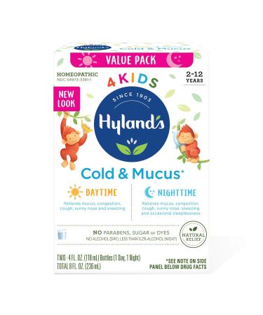Kids Cold Medicine and Mucus Relief for Ages 2+, Hylands 4 Kids Cold 'n Mucus, Day and Night Value Pack, Syrup Cough Medicine for Kids, Nasal Decongestant and Allergy Relief, 4 Fl Oz (Pack of 2)