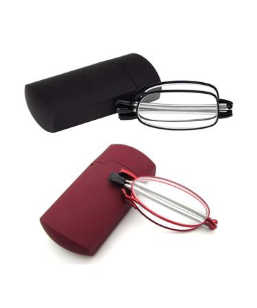 2 Stueck reading glasses foldable foldable black red for men women +2.0 metal frame Compact light glasses anti-fatigue Presbyopian optics glasses with pocket case + 2.0 (55-59 years) + 2.0 (55-59 years) /black + red