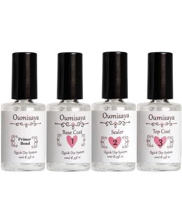 Oumisaya Nail Dip Powder Liquid Set include Primer Bond (Dehydrator)  Base Coat  Activator (Seal Protect)  Top Coat DP008