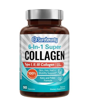 Surebounty Multi Collagen Complex Type I II III 6-in-1 Super Collagen with Vitamin C Hyaluronic Acid Biotin Turmeric Black Pepper Keto 90 Capsules