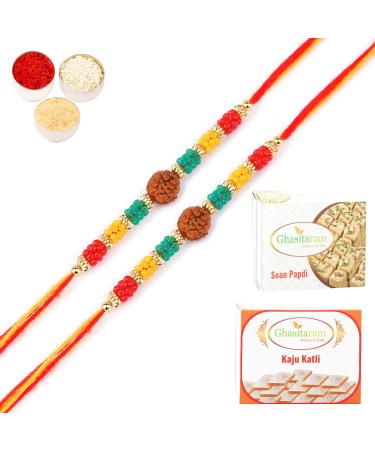 Ghasitaram Gifts Rakhi for Brother Rakhis Online - Set of 2-1986- Rudraksh Rakhi with 200 GMS of Kaju katli and 200 GMS of Soan Papdi