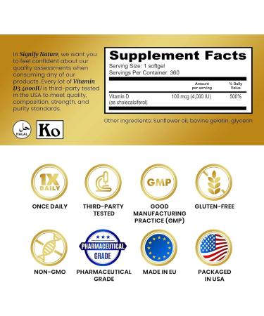 SIGNIFY NATURE Vitamin D3 4000 IU Softgels - High Potency Immune Support Supplement for Teeth, Bone, & Joints - Pharmaceutical-Grade VIT D3 100 MCG - Highest Potency Vitamin D3 - VITAMINA D3-360 CT - Buy Online on GoSupps.com