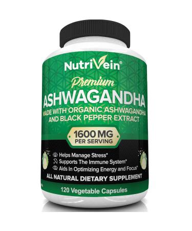 Nutrivein Premium Organic Ashwagandha 1600mg with Black Pepper Extract - 120 Vegan Pills