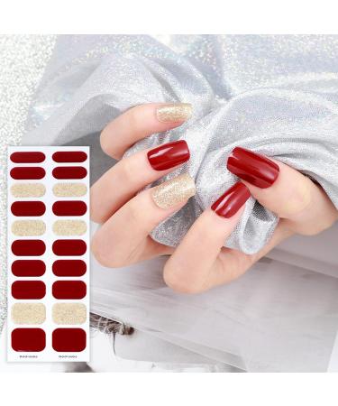 20PCS Semi Cured Gel Nails Gel Nail Stickers - Semi Cured Gel Nails Strips - Semi Cured Gel Nail Wraps - Glossy & Long Lasting Gel Nail Stickers Need UV Light (Wine Red Gold Shiny) - Buy Online on GoSupps.com