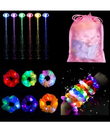 12 Pack LED Light Hair Scrunchies 6pcs Fluorescent Satin Elastic Bands Ties Ropes 6pcs Light-Up Fiber Optic LED Hair Barrettes Multicolor Flash Barrettes Clip Braid - Multi Light Modes Glow in the Dark Party Favors wi...