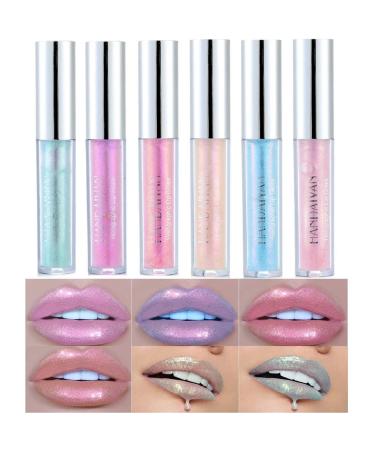 6 Pack Diamond Liquid Glitter Shimmer Lipsticks Nonstick Cup Metallic Lipgloss Set Lip Cosmetics for Women Girls