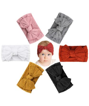 Makone baby headband Stretchy dot hair band with arches pom pom bun 5.5 inch Big Hair Bow headband for infant babies - multi -colored 6 -pack set 3-6 pieces