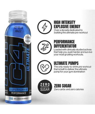 C4 Ultimate Non-Carbonated Zero Sugar Energy Drink Pre Workout - Icy Blue Razz 12 Fl Oz (Pack of 12) with Beta Alanine - Energy Boosting Formula for Fitness Enthusiasts - Buy Online on GoSupps.com