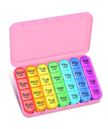 Pill Box 4 Times a Day Betife Weekly Pill Box Organisers 7 Day Tablet Organiser Daily Pill Dispenser 7 Day 4 Compartments Tablet Box for Medication Vitamins and Supplements (Pink)