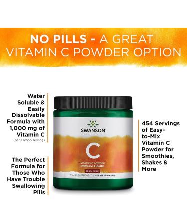 Swanson Vitamin C Powder 1000mg - Pure Ascorbic Acid Supplement for Immune, Skin & Cardio Health - 1lb (454g) - Buy Online on GoSupps.com