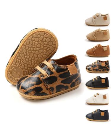 Sonsage Infant Baby Boys Girls Oxford Shoes Pu Leather Lace-Up Anti-Slip Trainer Soft Rubber Sole Toddler First Walking Sneakers 0-6 Months A Leopard Print