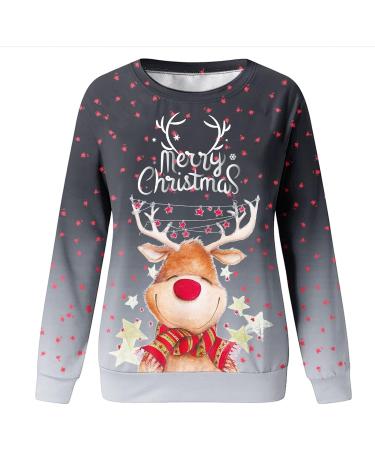 Women's Christmas Sweater | Santa Claus & Moose Print Pullover | Festive Long Sleeve Tops - Size 6 Gray - Buy Online on GoSupps.com