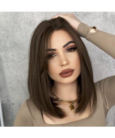 7JHH WIGS Short Straight Bob WIG Lace Front Synthetic Shoulder Length Middle Part mix Highlight Wig for Women Daliy Party Cosplay Used (15 Brown)
