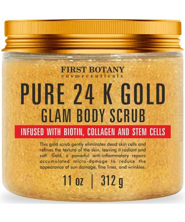 24 Gold Body Scrub with Collagen and Stem Cells - Natural Exfoliating Salt Scrub & Body and Face Souffle helps with Moisturizing Skin, Acne, Cellulite, Dead Skin Scars, Wrinkles (11 oz)
