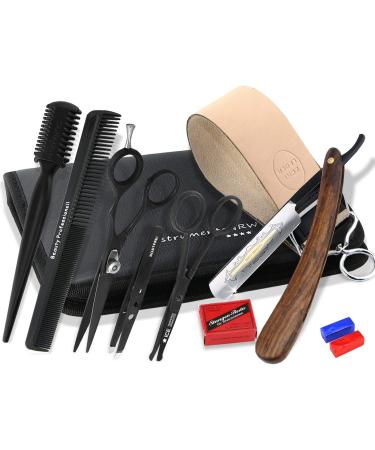 Professional razor set | Wooden handle | Paste Solingen | Leather strop | Beard scissors | With elegant case