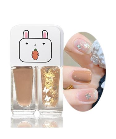 Glitter Butterfly Nail Polish Set Pearl White 2 in 1 Quick Dry Light Warm Brown Nail Polish set No Need Cure Nail Varnish Long Lasting Chip-resistant Cute DIY Nail Art at Home Gift for Women