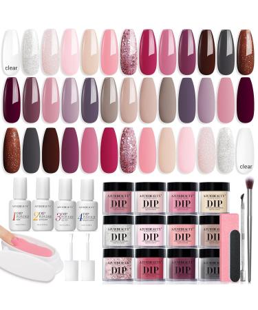 AZUREBEAUTY Dip Powder Nail Kit 29 Pcs 20 Colors Clear Nude Pink Brown Glitter All Season Acrylic Dipping Powder Liquid Set with Top/Base Coat Activator for French Nail Art DIY Salon Gift Az-01 Clear Nude Pink Brown Glitter