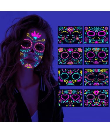 Beisto 8 Set Fluorescent Face Tattoo Stickers  Body Stickers Glow UV Neon Temporary Tattoos for Women Halloween Christmas Festival DIY Makeup Party Props
