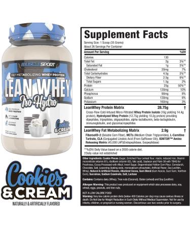 MuscleSport Lean Whey Revolutionâ¢  Whey Protein Isolate with Hydrolyzed Whey - Low Calorie  Low Carb  Low Fat  Incredible Flavors - 25g Protein per Scoop (2lb  Cookies N Cream) 2 Pound (Pack of 1) Cookies N Cream - Buy Online on GoSupps.com