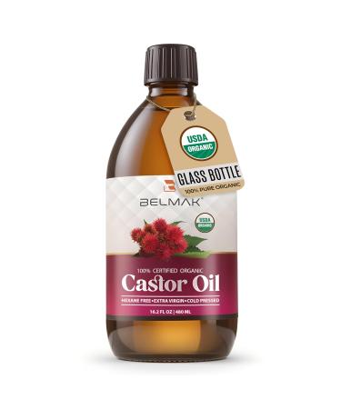 BELMAK Organic Castor Oil Cold Pressed Unrefined USDA Certified & Hexane Free 100% Pure Ricinus Communis Oil for Hair Scalp Brows and Lashes in Amber Glass Bottle (16.2 oz)