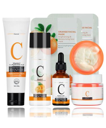 Vitamin C Skin Care Products Set Face Care Set For Women 6-pcak Complete Facial Skin Care Set With Cleanser Toner Face Serum Facial moisturizer & Sheet Masks Birthday Gifts Set For Teens