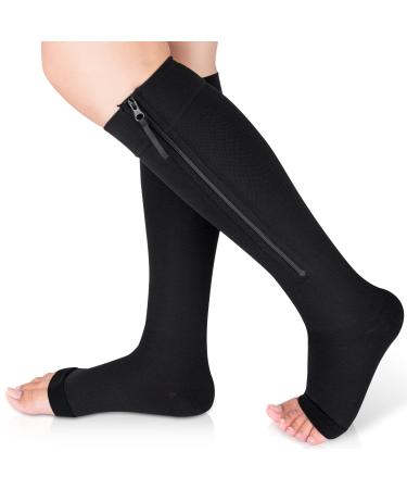 Ailaka Medical Compression Socks with Zipper, Knee High 15-20 mmHg Compression Socks for Women Men, Open Toe Support Socks for Varicose Veins, Edema, Recovery, Pregnant, Nurse Large (1 Pair) Black