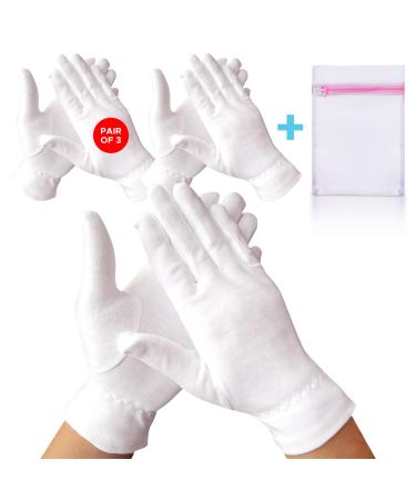 White Premium Cotton Gloves for Sleeping, 3 Pairs White Cotton Gloves Useful for Eczema and Dry Hands, Overnight Moisturizing Gloves for Men and Women, Sleep Gloves That Comes with a Mesh Laundry Bag Fits Most - 3 Pairs 3.0