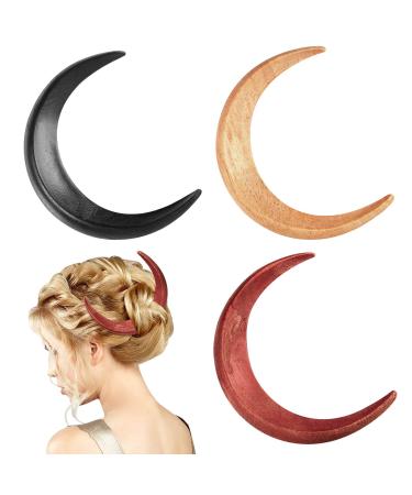 3 Pcs Moon Hair Fork Moon Hairpin for Women 5.12'' Moon Hair Stick Hand Carved Hair Clip Thin Long Moon Hair Accessories Wooden Moon Barrettes Lightweight Hair Styling Tool (Red  Black and Wood Color)