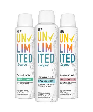 Degree Deodorant for Women Unlimited Dry Spray Variety Pack (Clean Fresh & Neutral) - Deodorant Antiperspirant with 96-Hour Protection Scented 3.8 Oz Ea (3 Piece Set)