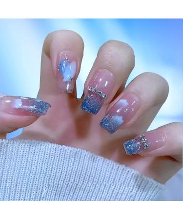 WOOXDYUK 24 pieces press on nails short gradient blue glitter French artificial nails nude nails to stick on with nail glue glossy French fake nails short for women and girls d243