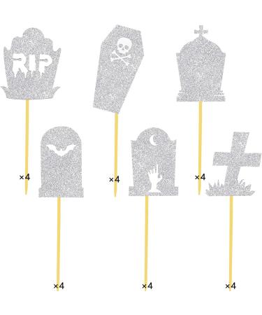 Silver Halloween Tombstone Cupcake Toppers Glitter RIP Spooky Skull Food Picks Cemetery Graves Zombie Birthday Party Decoration 24PCS - Buy Online on GoSupps.com