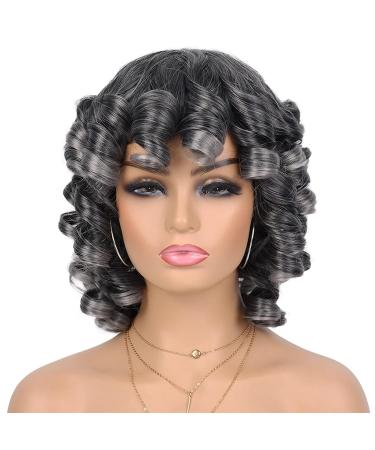 Grey Curly Wig with Bangs for Black Women - Afro Curly Synthetic Wig Ombre Color - Heat Resistant Short Wig for Daily Party Wear - Buy Online on GoSupps.com
