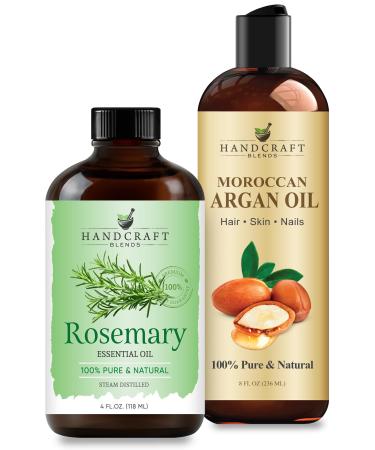 Handcraft Blends Hair Length & Shine Set: Moroccan Argan Oil (8 Fl Oz) and Rosemary Essential Oil (4 Fl Oz) 100% Pure & Natural for Split Ends Scalp Care and Glossy Hair