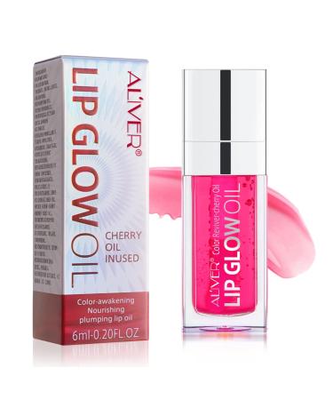 Lip Glow Oil Hydrating Moisturizing Plumping Lip Gloss Long Lasting Nourishing Plumping Lip Oil Non-sticky Big Brush Head Glitter Shine Primer Lip Tint for Lip Care and Dry Lips (pink)