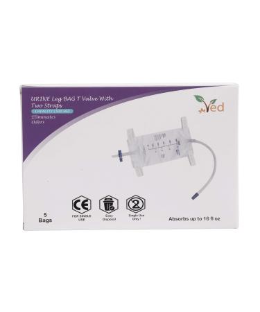 Ved Urine PVC Leg Bag T Valve with Two Straps and a Natural Leg-Shape Design 500 ml (Pack of 5).