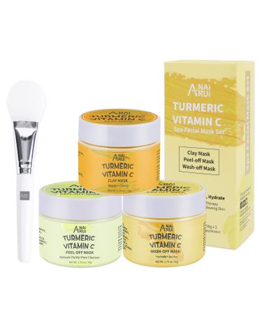ANAIRUI Turmeric Vitamin C Facial Mask 3-in-1 Travel Mini Kit - Clay Mask, Peel Off Mask, Wash-Off Cream Mask, for Acne & Dark Spots, Oily Skin, Facial Spa Treatment 1.75 oz × 3 ea