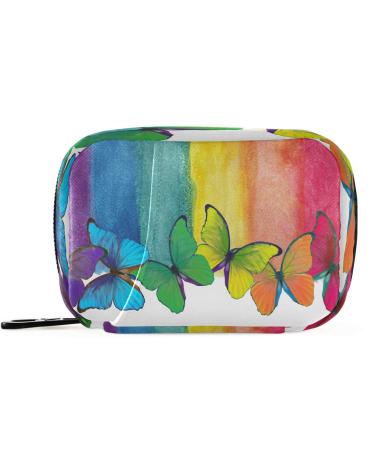 Pfrewn Pill Organizer Case 7 Day Rainbow Watercolor Butterfly Travel Pill Box with Zipper Portable Small Weekly Vitamin Medicine Supplement Holder Pouch Bag