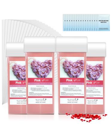 2023 New Roll on Wax Rose Hair Removal Wax Cartridges 4 Pack Depilatory Wax Roller Refill Waxing Kit with Strips 50Pcs and Wax Wipes 16Pcs Roll on Wax Kit for Leg Arm Underarm Rose 4pcs