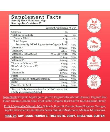 Whole Fruit Gummy Vitamins for Adults No Added Sugar Vegan Multivitamin Gummies Plant Based Multivitamin for Women Whole Foods Multivitamin for Men Organic Vitamins Chewable 120 Gummies Strawberry - Buy Online on GoSupps.com