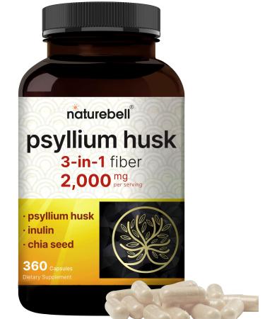 NatureBell Psyllium Husk Capsules 2,000mg Per Serving 360 Count with Inulin & Chia Seed Soluble Fiber for Digestion Plant Based Herbal Fiber Supplement Non-GMO Gluten Free