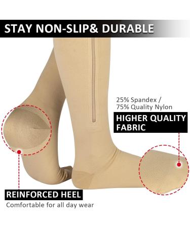 Ailaka Zipper Compression Socks 15-20 mmHg - Knee High Support for Varicose Veins & Edema - Men, Women, Pregnant, Nurse - Beige (1 Pair) - Buy Online on GoSupps.com