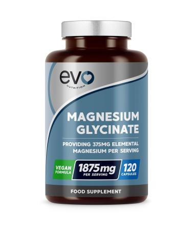 Magnesium Glycinate Supplement - 120 Vegan Capsules | 1875mg Per Serving & 375mg Elemental Magnesium | 100% Daily NRV | High Strength for Maximum Bioavailability | Made in UK by EVO Nutrition