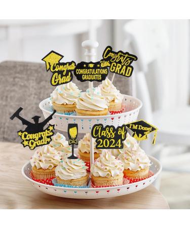 24Pcs 2024 Graduation Cupcake Toppers Graduation Cake Topper Class of 2024 Cake Cake Decorations with Grad Cap Diploma Congrats Grad Sign Black & Gold Graduation Party Supplies Decor A3BYCP - Buy Online on GoSupps.com