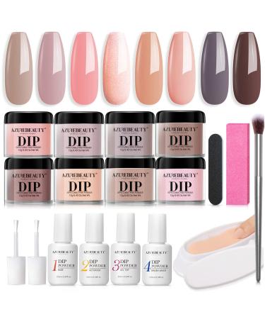 Dip Powder Nail Kit Starter- AZUREBEAUTY 8 Colors Nude Brown Skin Tones Pink Neutral Dipping Powder System Pro, Recycling Tray with Base & Top Coat Activator for French Nail Art Manicure DIY Salon B0-Pro Series Abstract Art