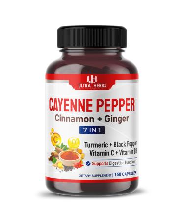 Cayenne Pepper 7 IN 1 - 16 250mg - with Ginger Turmeric Cinnamon Black Pepper - Promotes Digestive System Function (150-day supply (pack of 1))