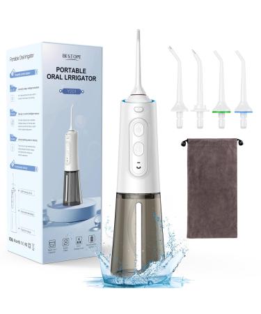 Bestope oral shower for teeth wireless 250 ml with 4 nozzle tips IPX7 waterproof portable and rechargeable gray and white for at home and travel